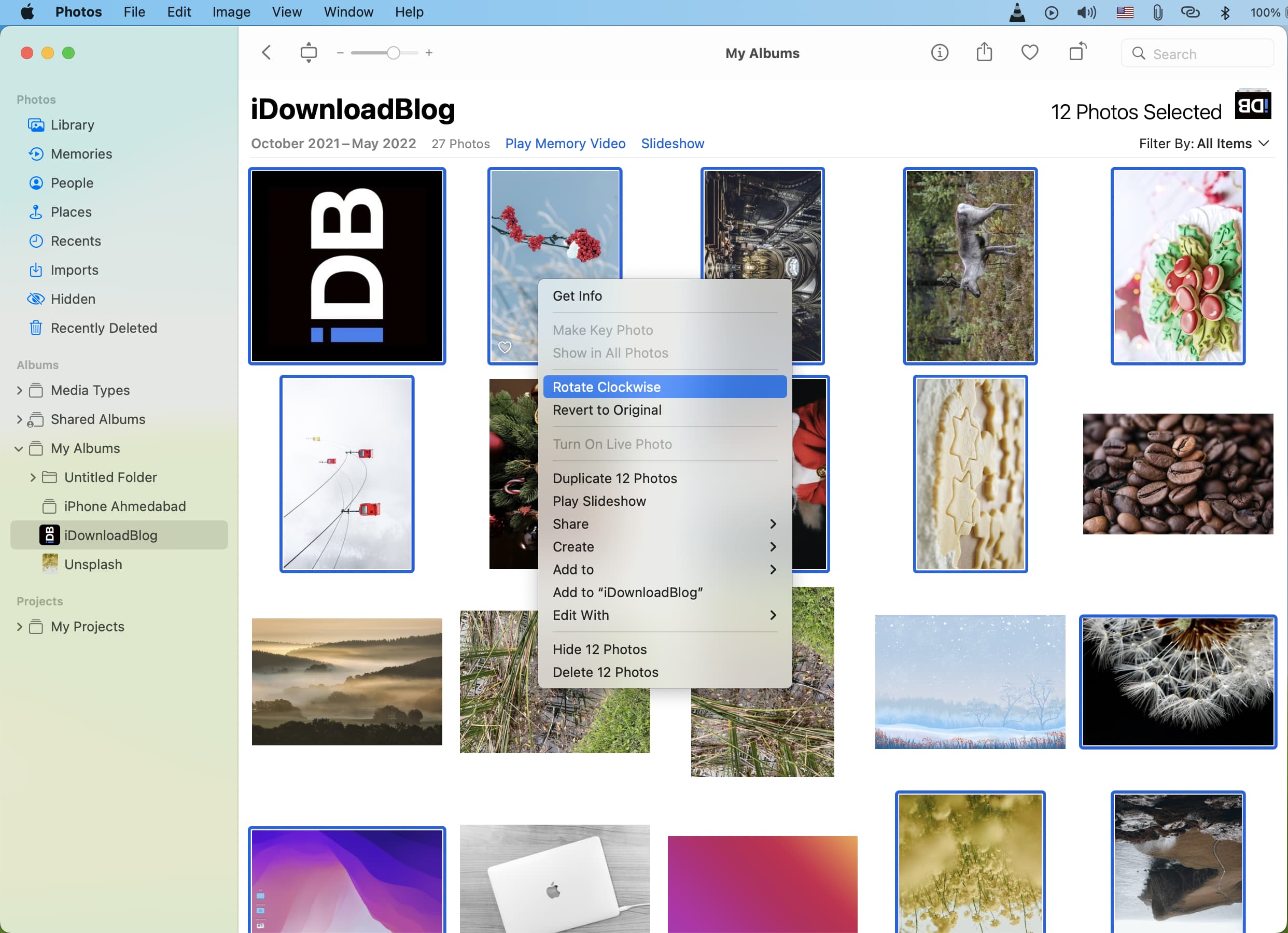 Screenshot showing how to rotate multiple images clockwise using the Photos app on Mac