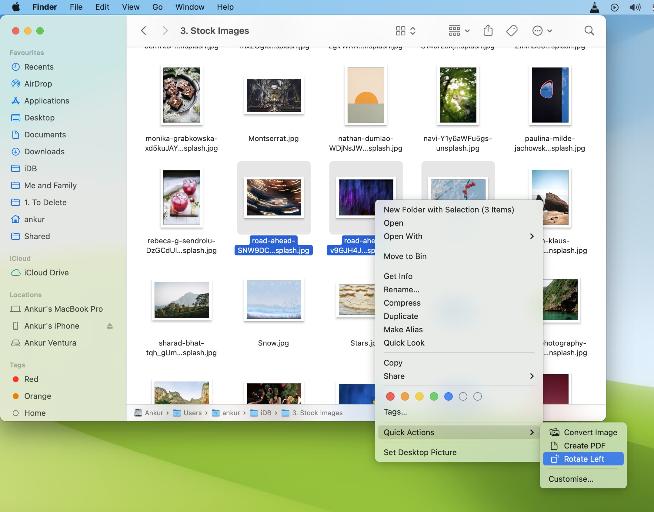 Steps on a screenshot showing how to rotate several images at once using Quick Actions on Mac