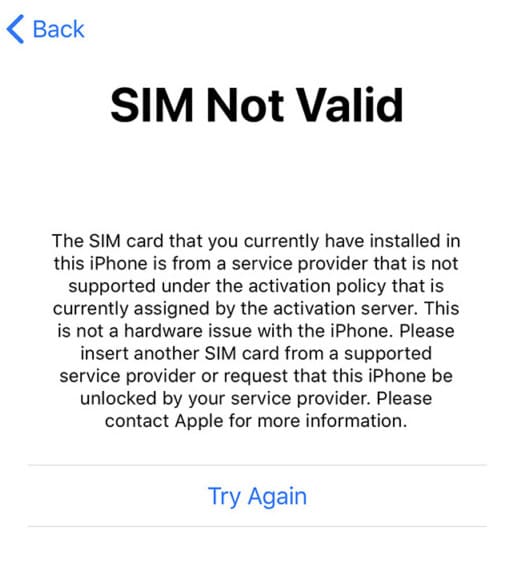 SIM Not Valid error on iPhone
