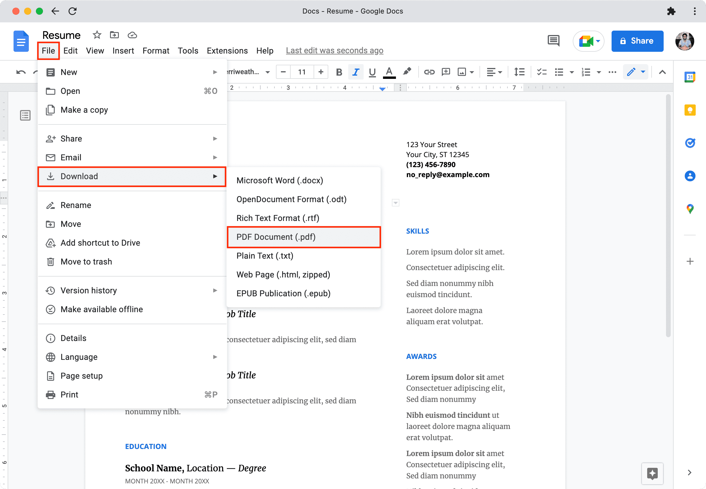 Screenshot with red highlights showing how to save Google Docs as PDF on a computer