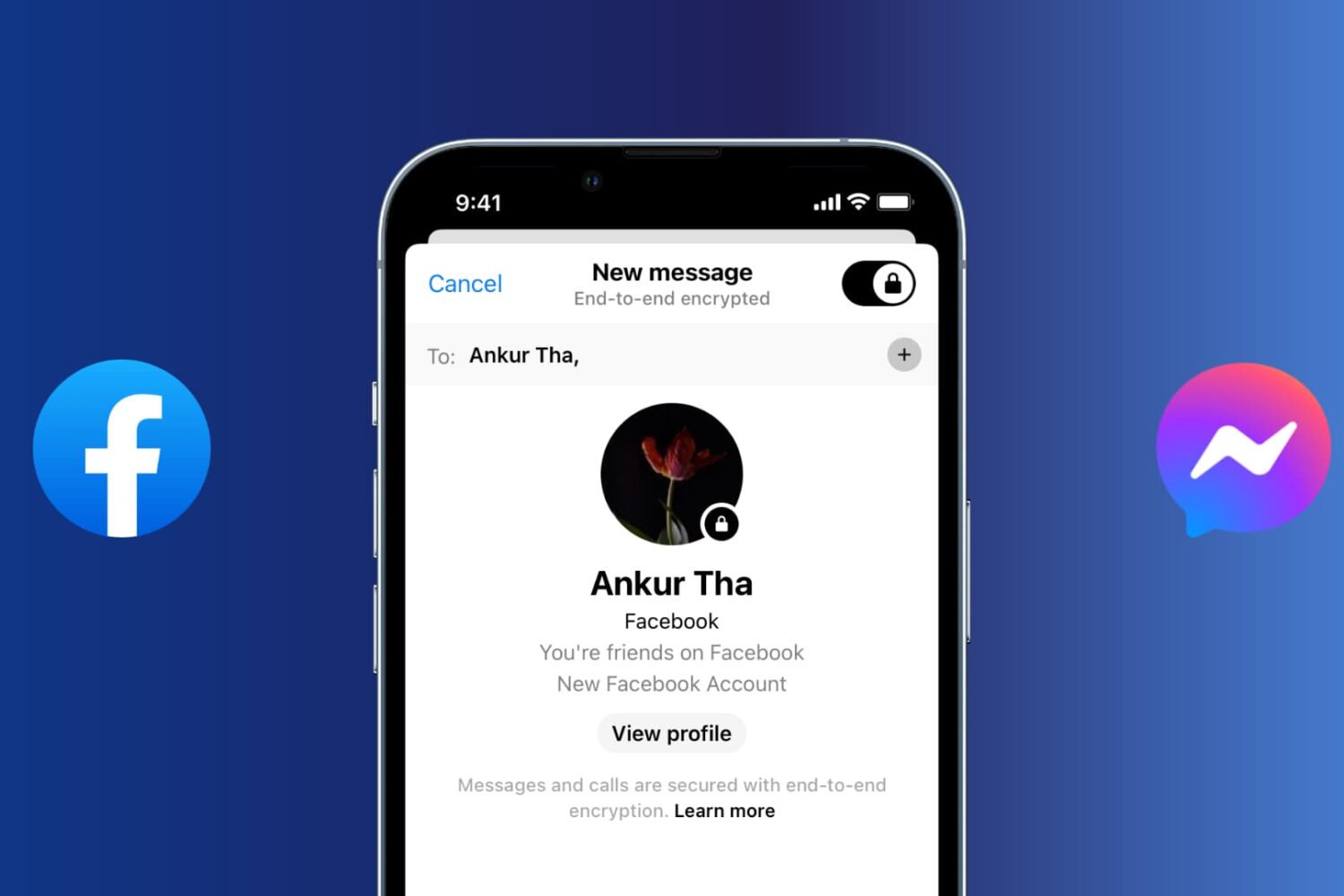 iPhone screen showing Facebook Messenger app with an encrypted secret conversation