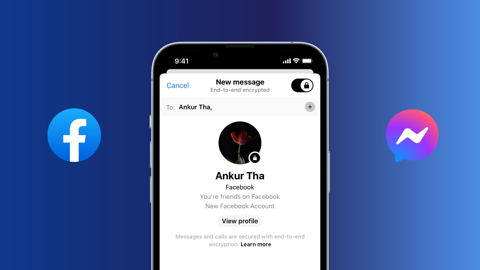 iPhone screen showing Facebook Messenger app with an encrypted secret conversation