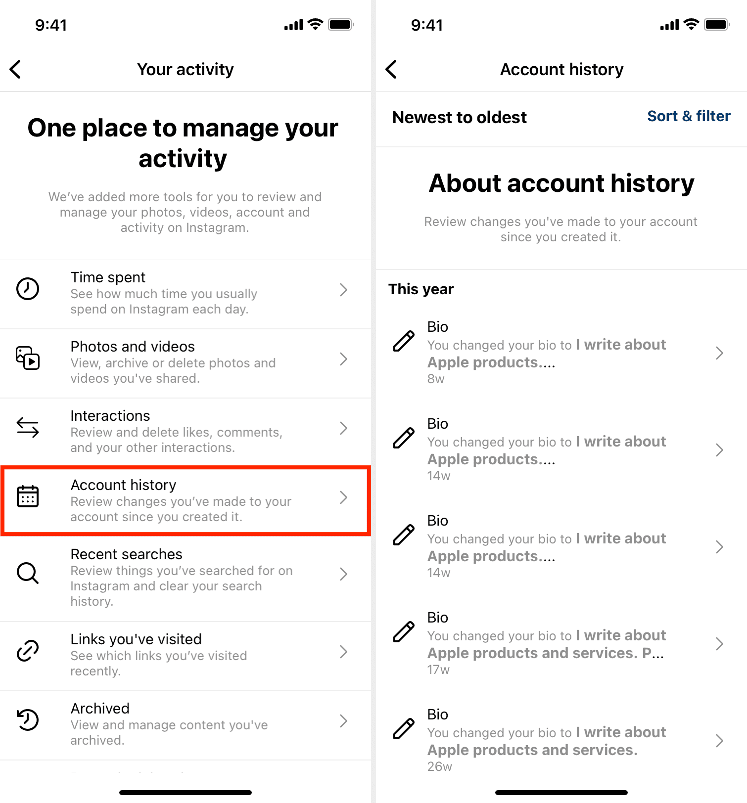 See your Instagram account history