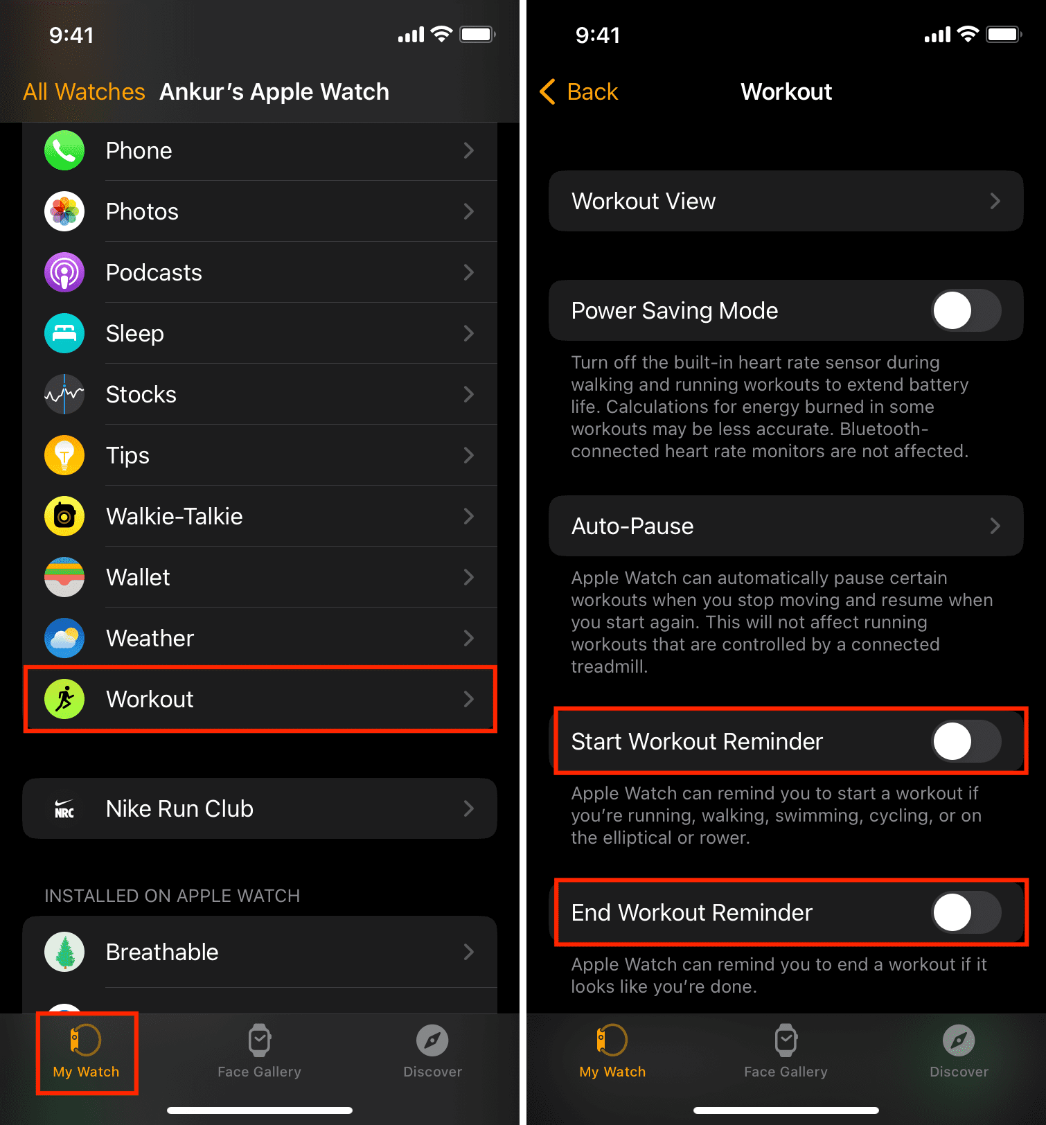 Start and end Workout Reminder settings in iOS Watch app