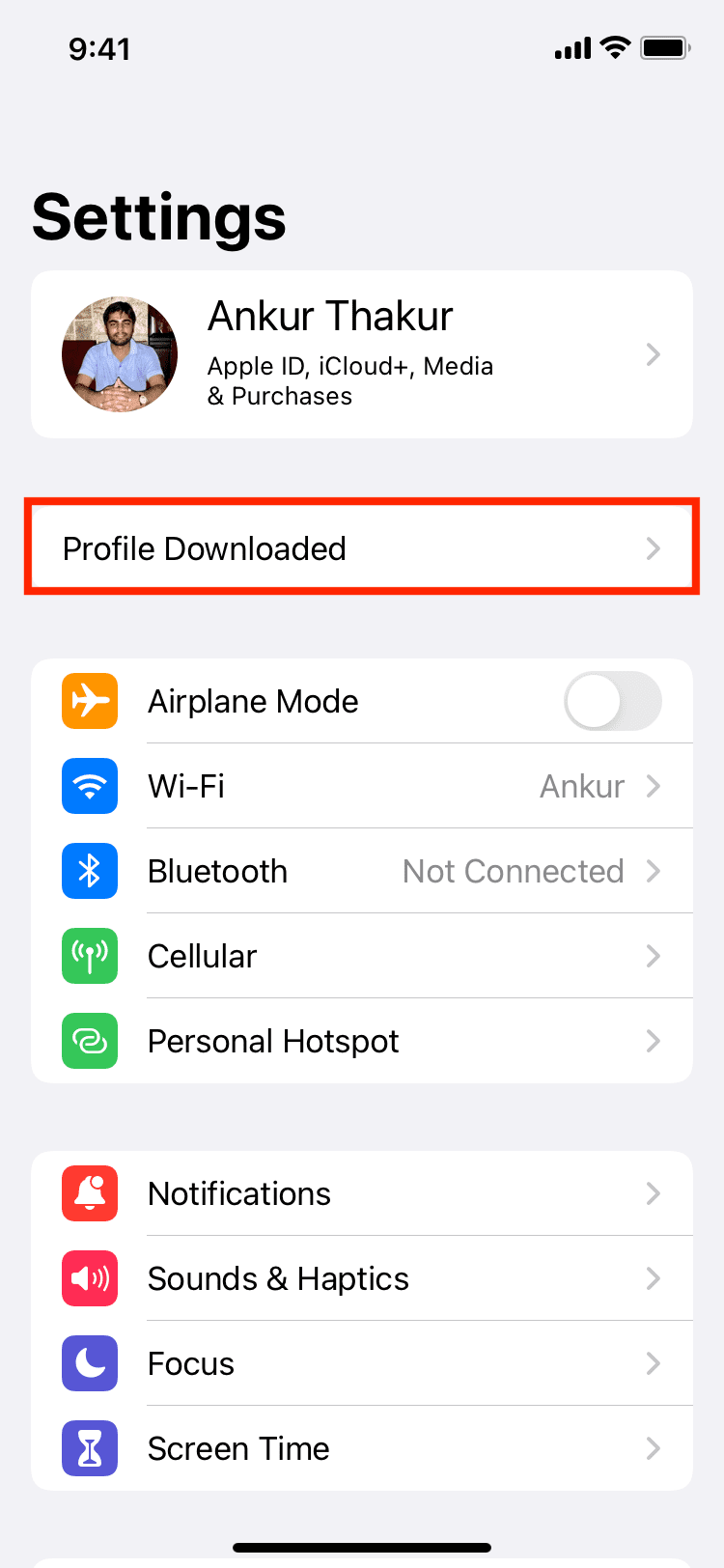 Tap Profile Downloaded in iPhone Settings app