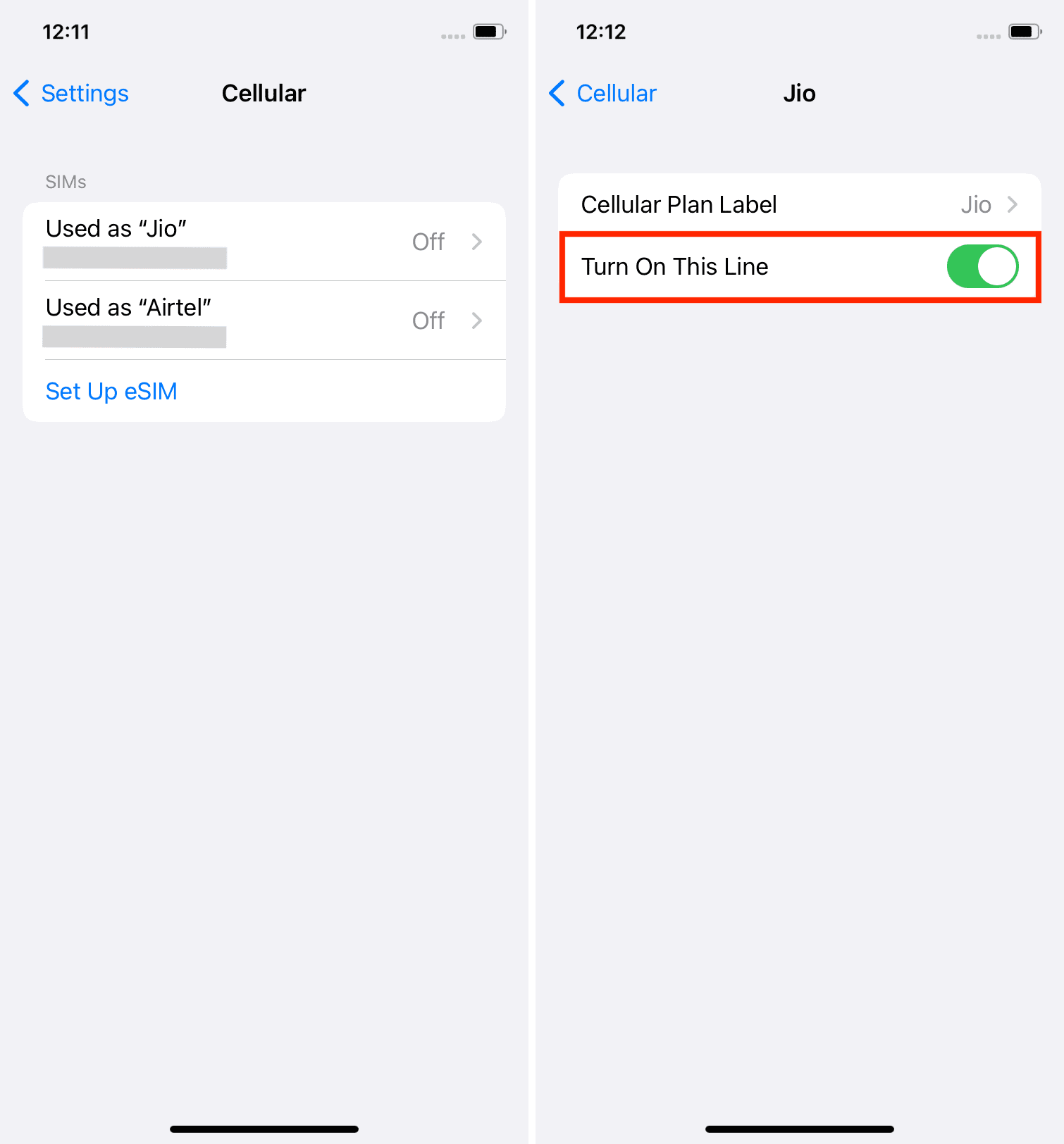 Turn On This Line in iPhone cellular settings