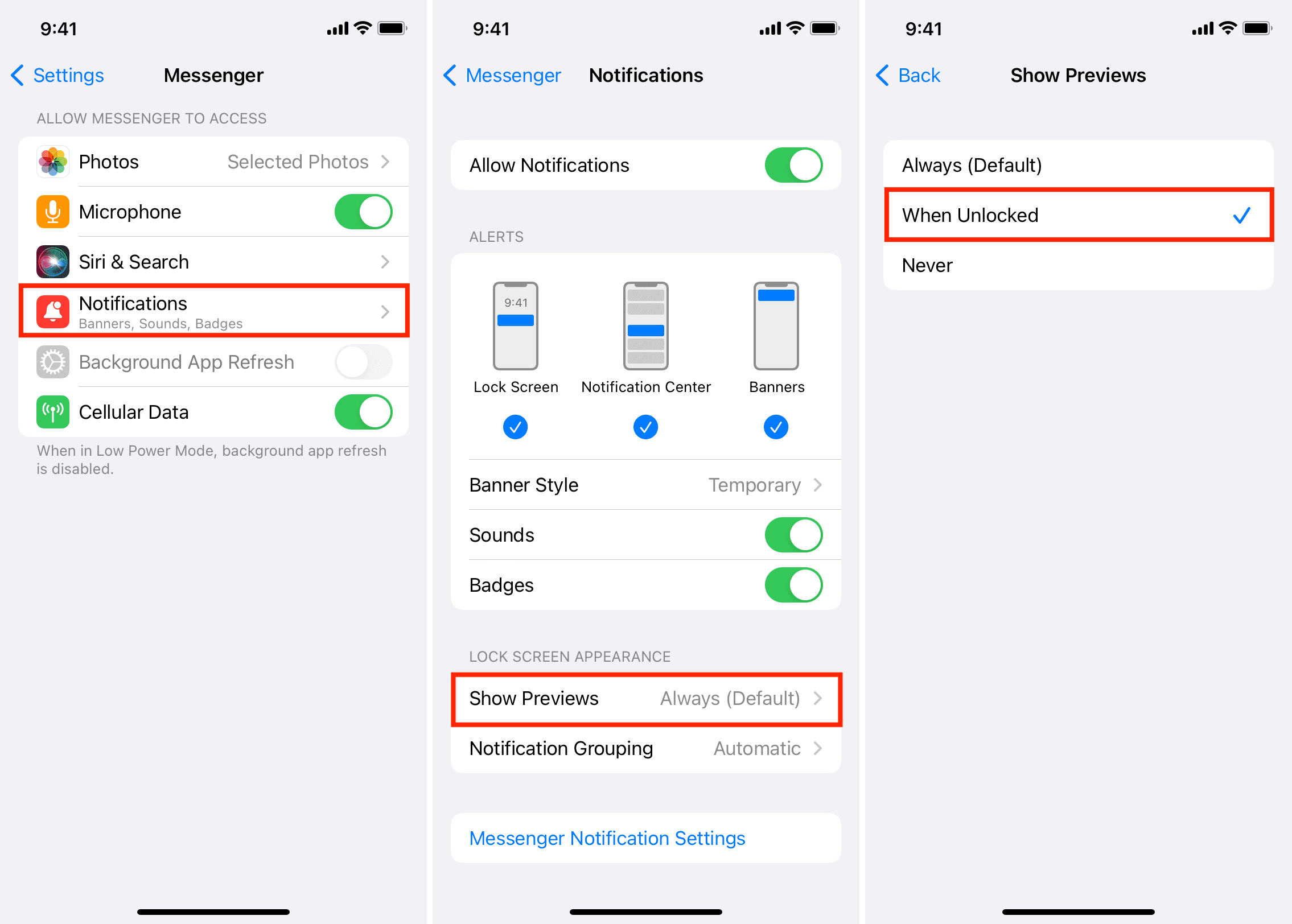 Turn off Show Previews for Messenger on iPhone
