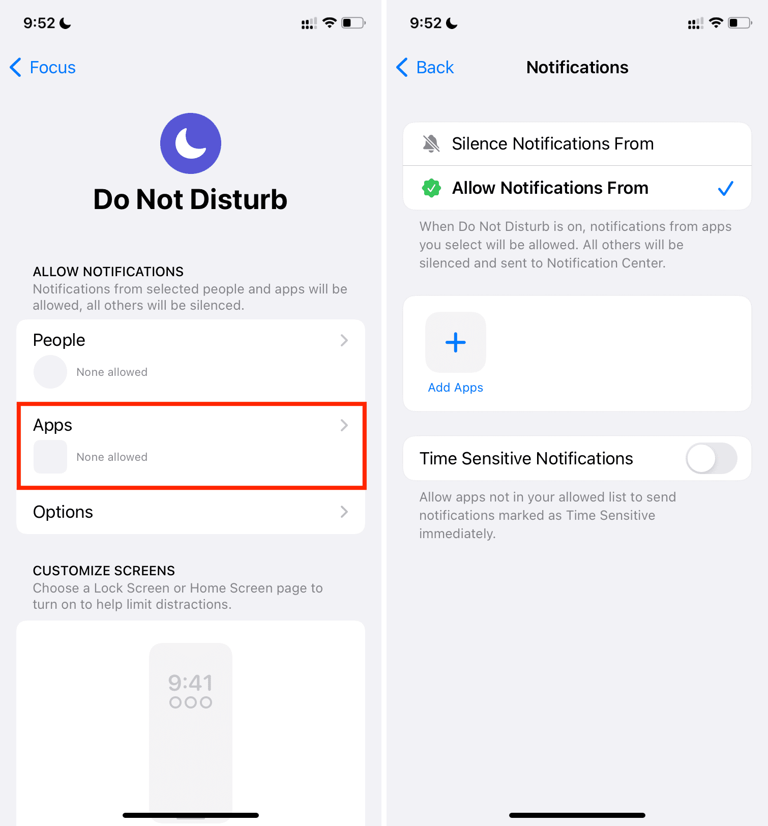 Turn off all app notifications during DND on iPhone