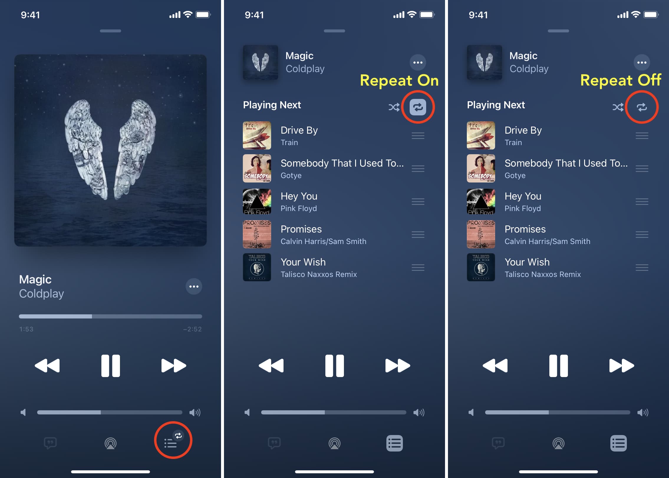 Three screenshots showing how to turn off repeat in iPhone Music app
