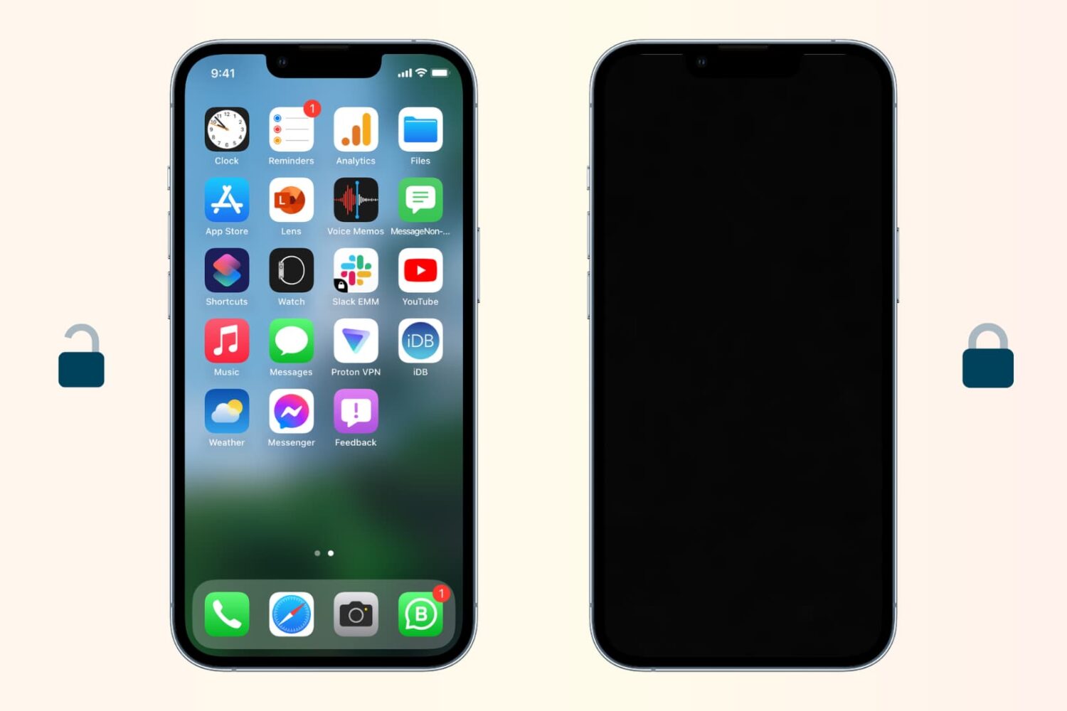 Unlocked iPhone on Home Screen and a locked iPhone showing the black screen