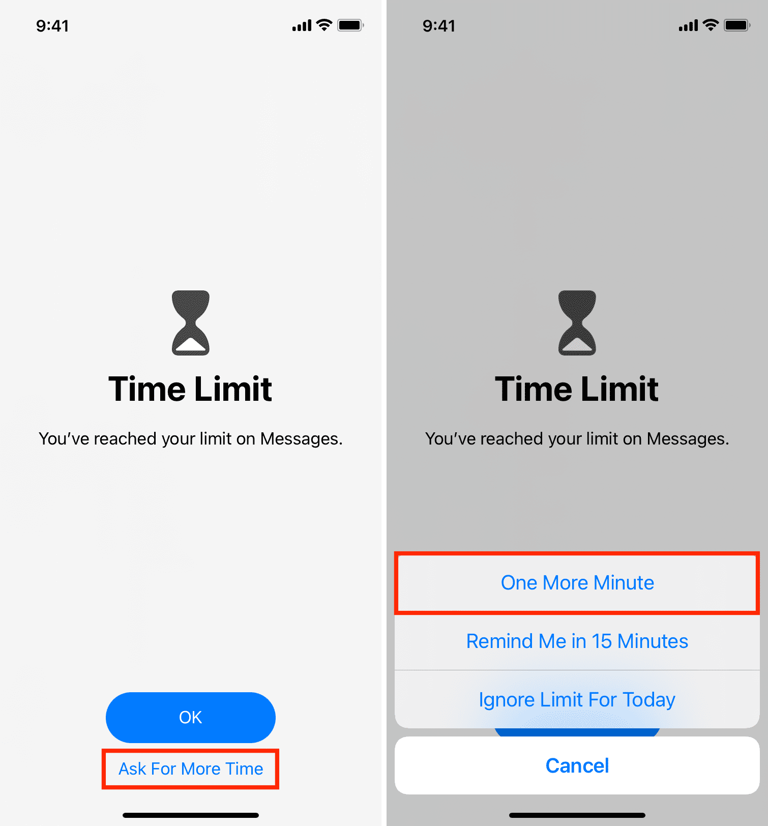 Use Messages app for one more minute after time limit is reached
