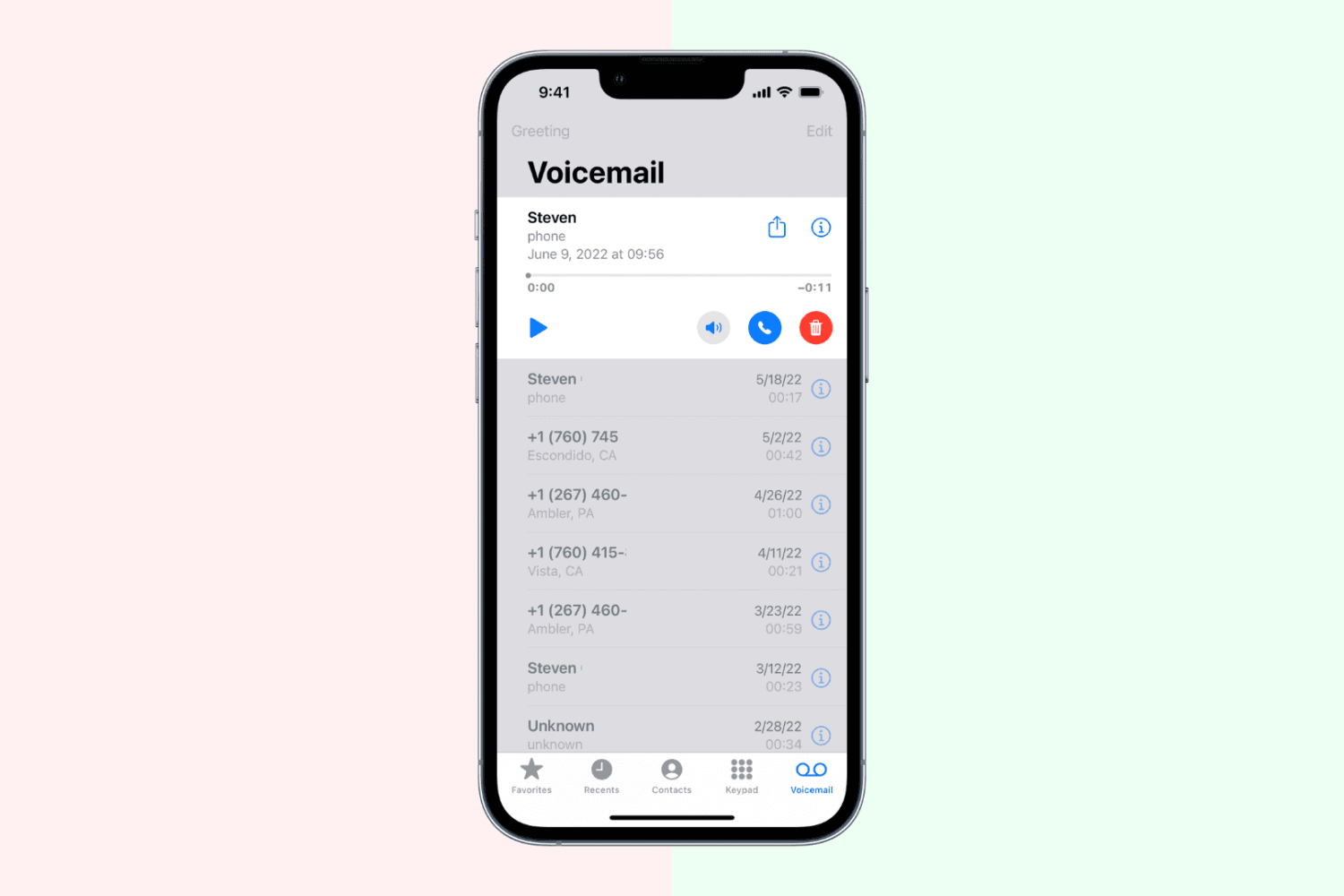Voicemail screen on iPhone
