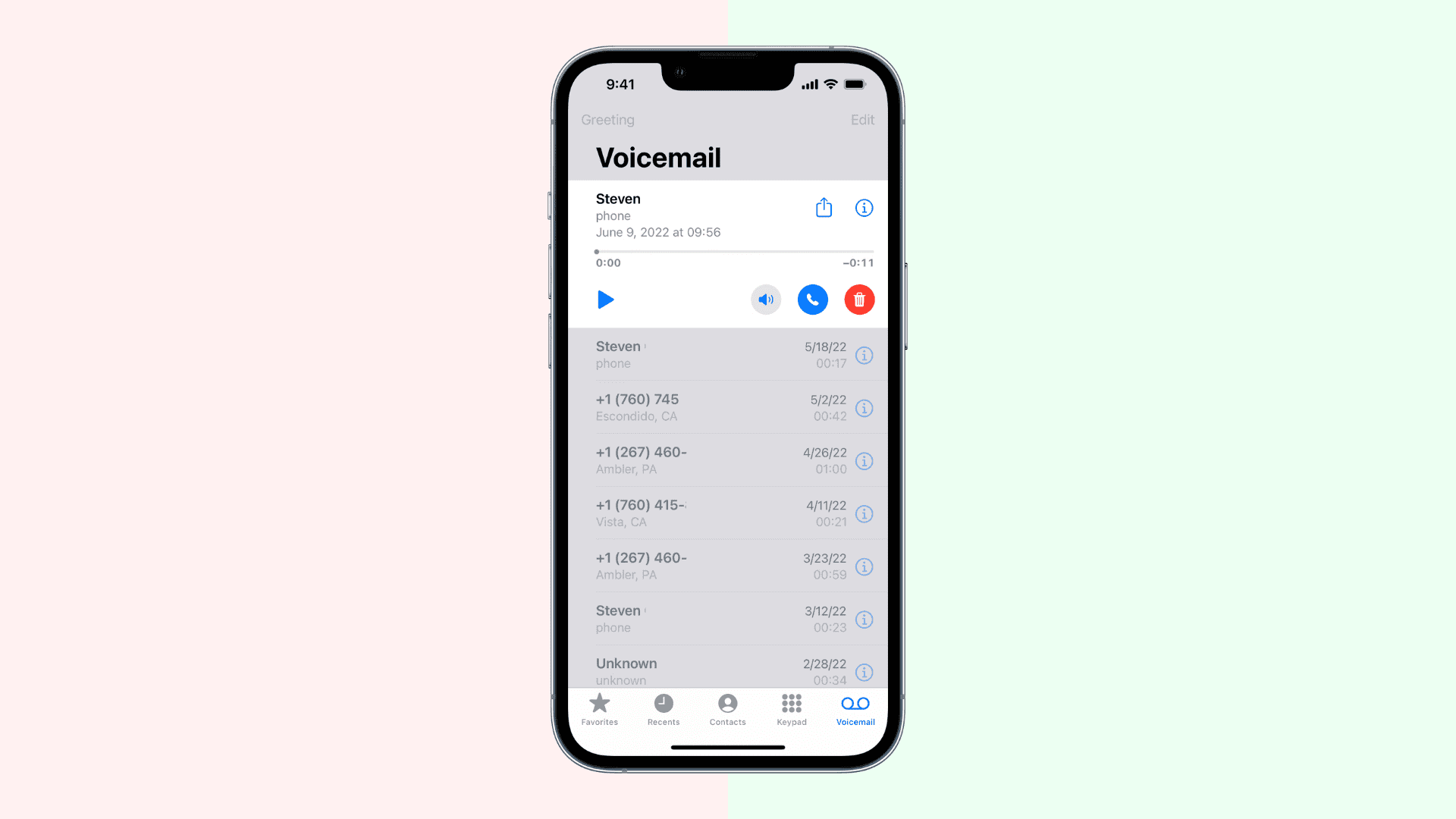 Voicemail screen on iPhone