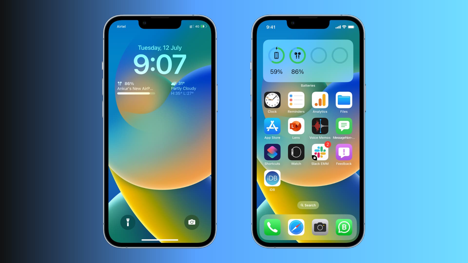 Two iPhone screens showing iOS 16 Lock Screen and iOS 16 Home Screen with the default wallpaper