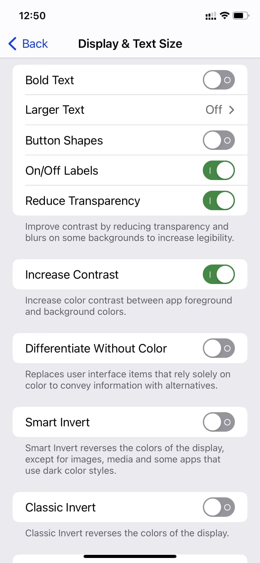 Accessibility Display and Text Size settings on iPhone