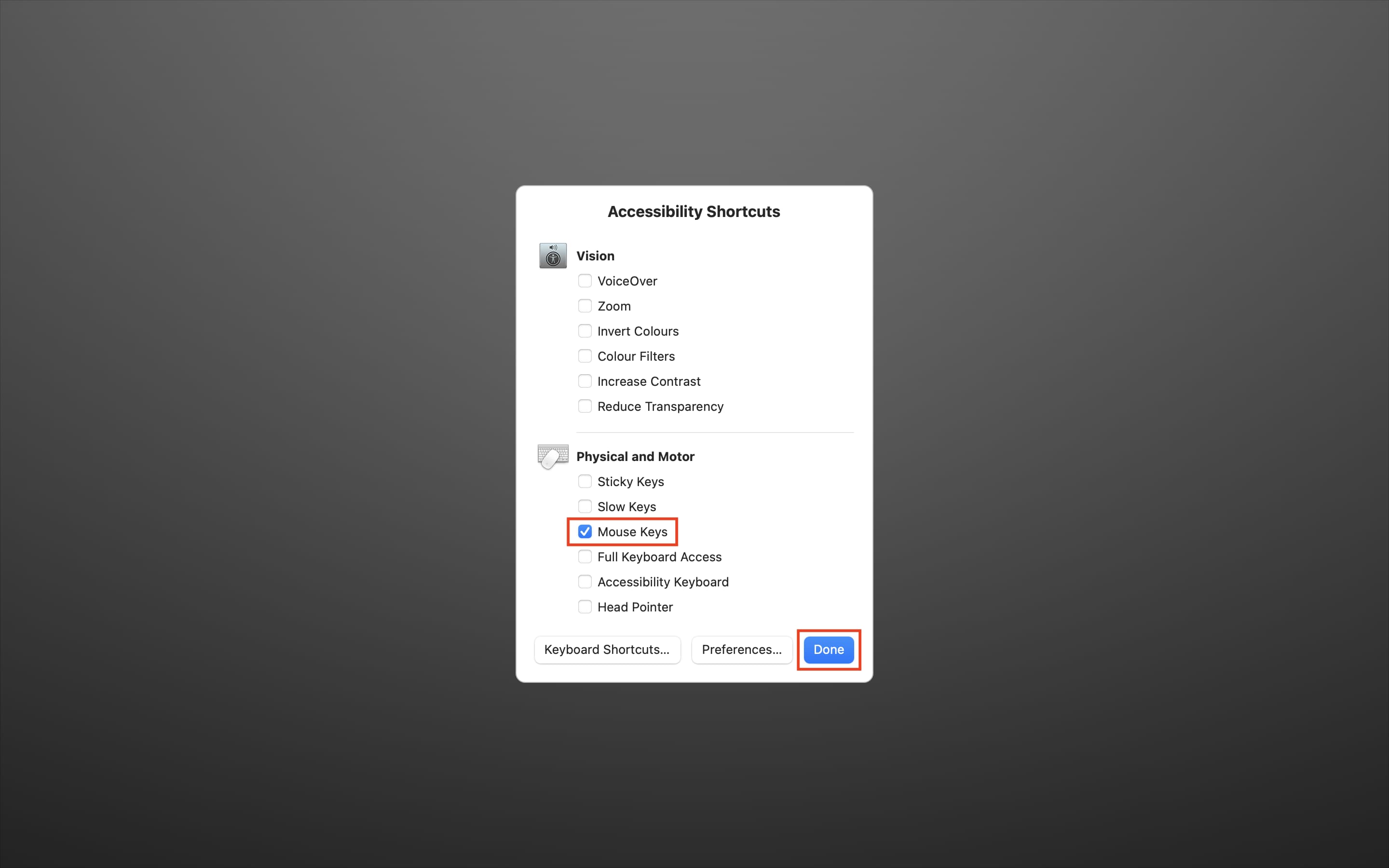 Accessibility Shortcuts overlay on Mac