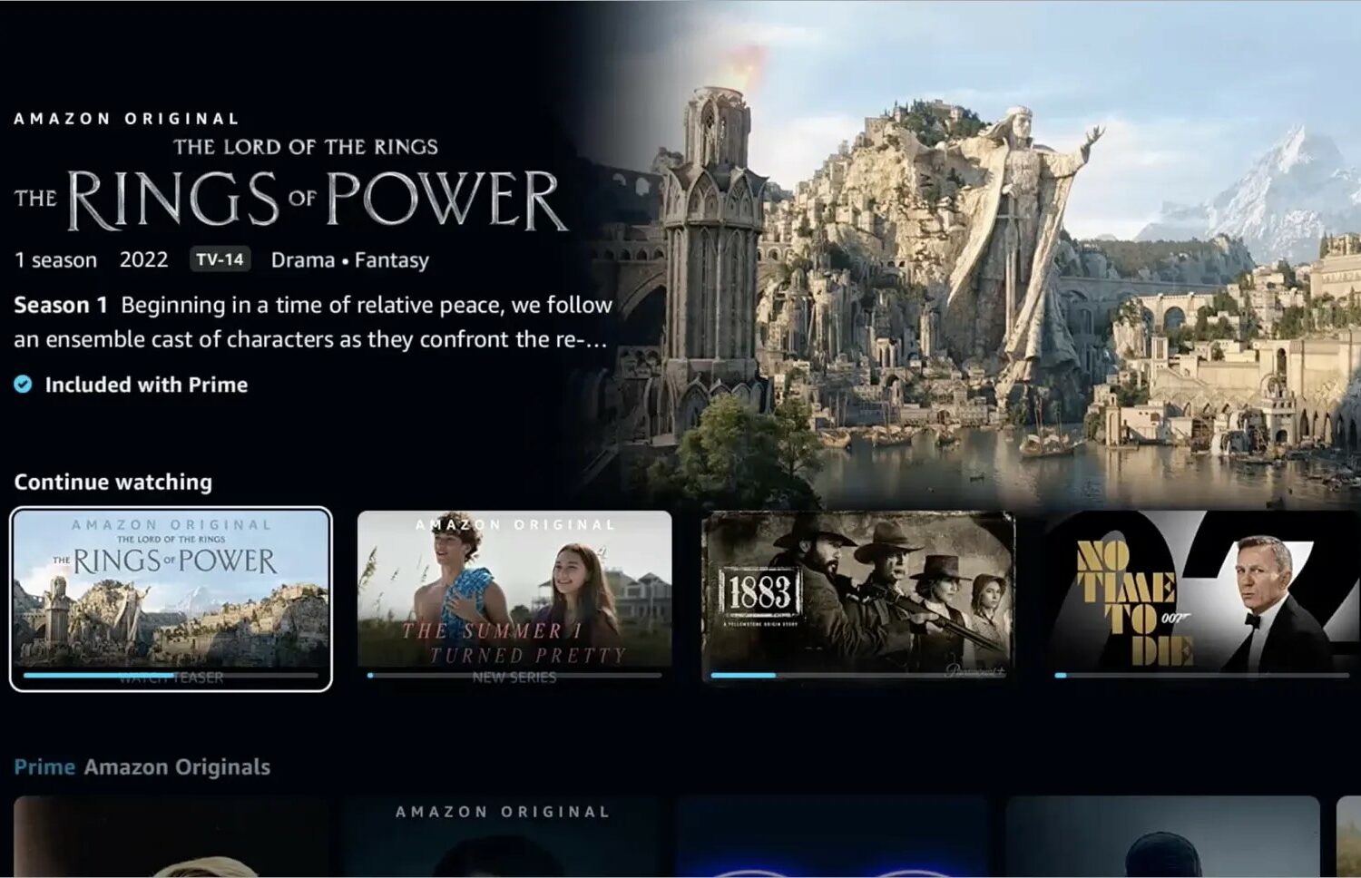 The redesigned Amazon Prime Video app on Apple TV, with the Continue WATching row on the Home section