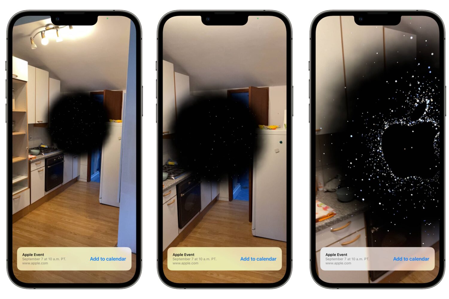 Three iPhone screenshots showcasing Apple's augmented reality easter egg surprise for the iPhone 14 even