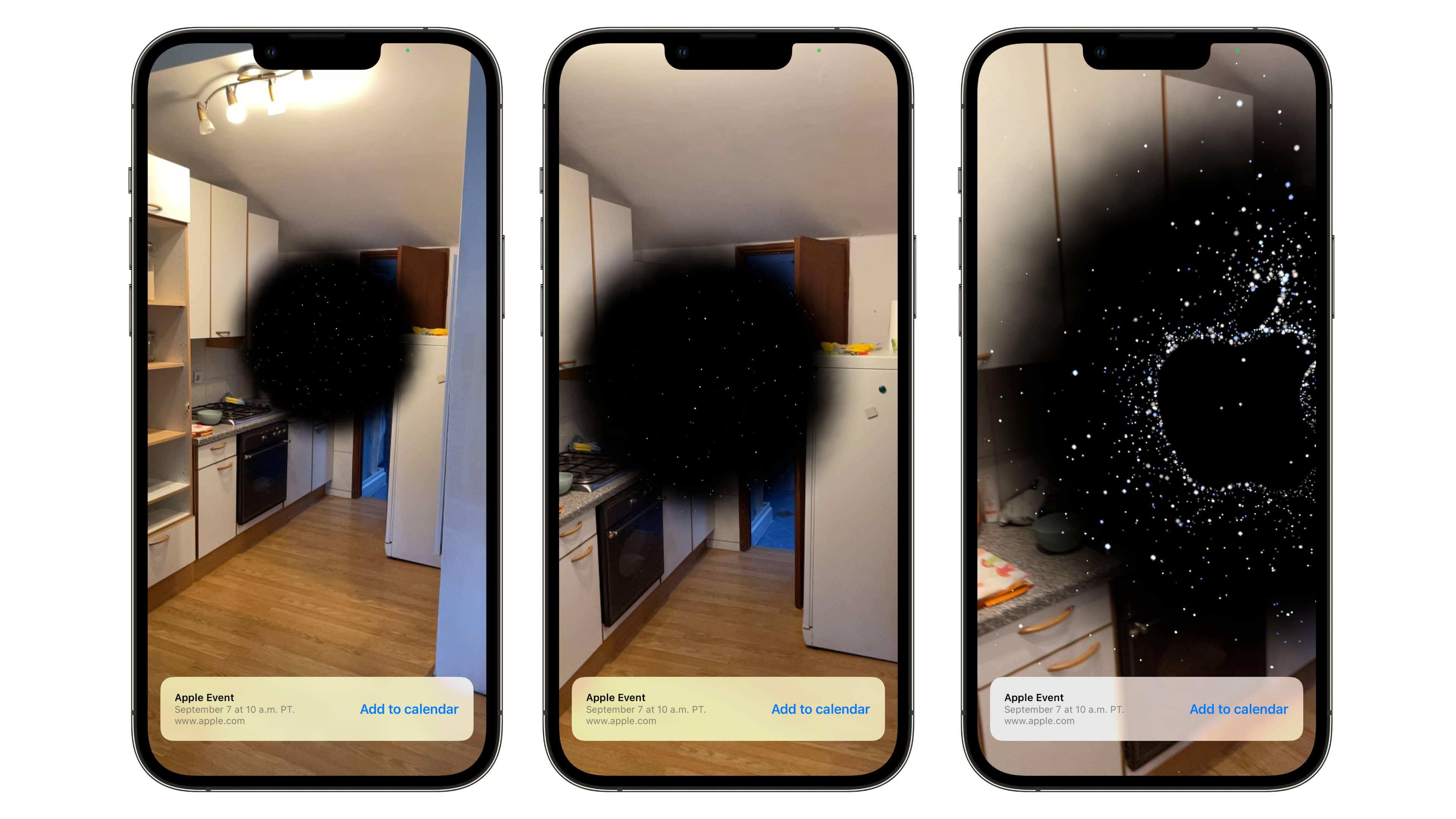 Three iPhone screenshots showcasing Apple's augmented reality easter egg surprise for the iPhone 14 even
