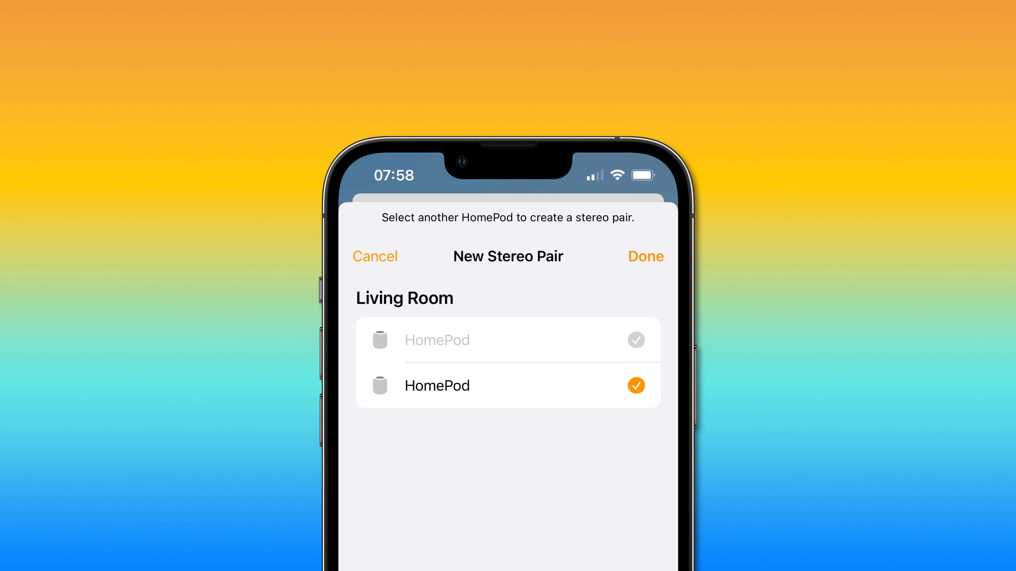 Choosing another HomePod when creating a stereo pair in Apple's Home app