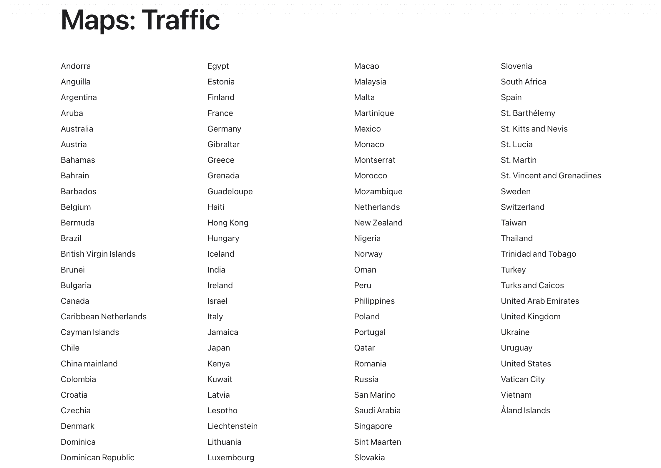 Apple Maps Traffic conditions are available in these countries
