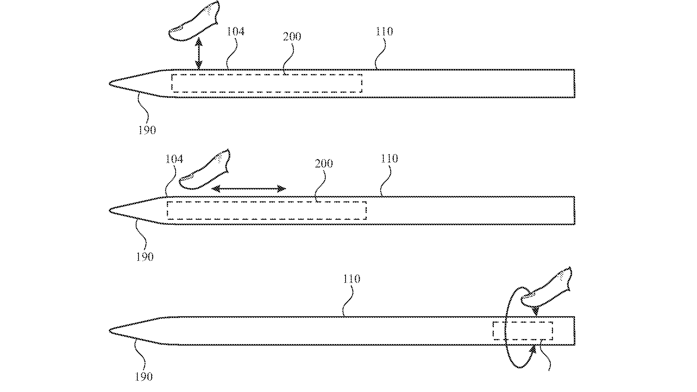 Patent drawings illustrating Apple Pencil touch gestures like sliding and rolling
