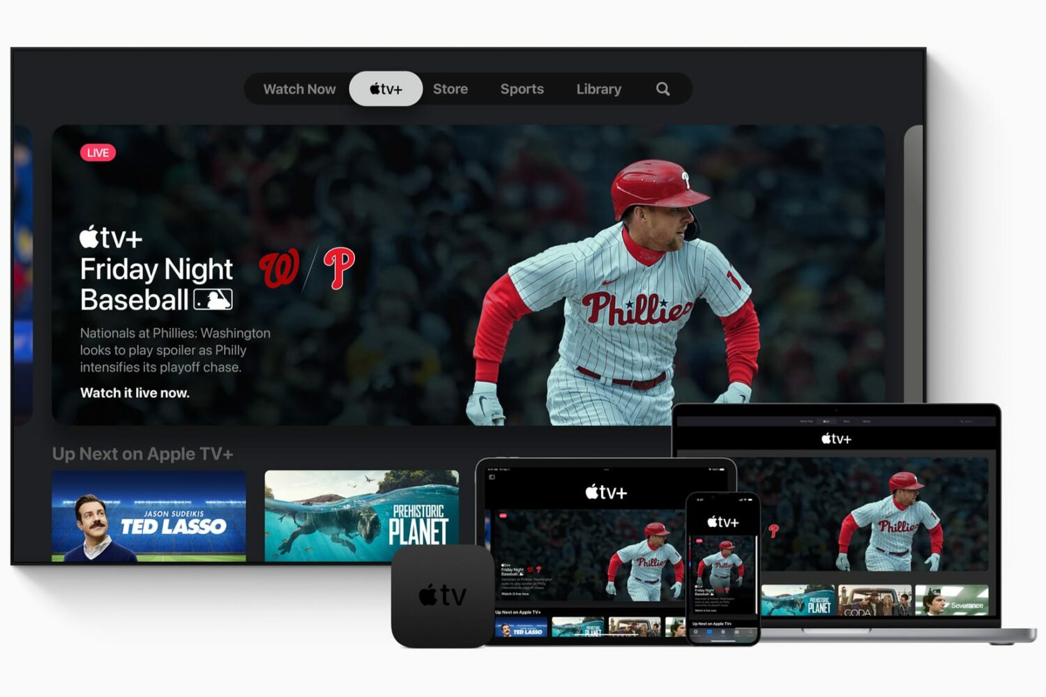 Marketing image showcasing Friday Night Baseball on Apple TV+ across iPhone, iPad and Apple TV