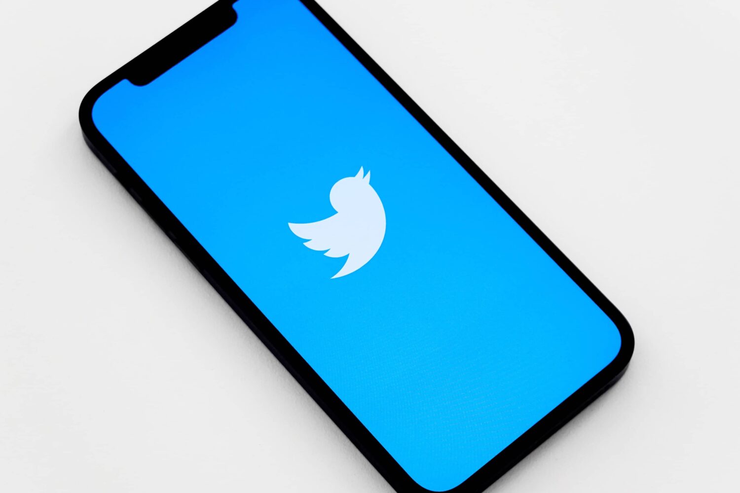 Isometric view of an iPhone showing a white Twitter bird logo on the screen, set against a sold light-blue background