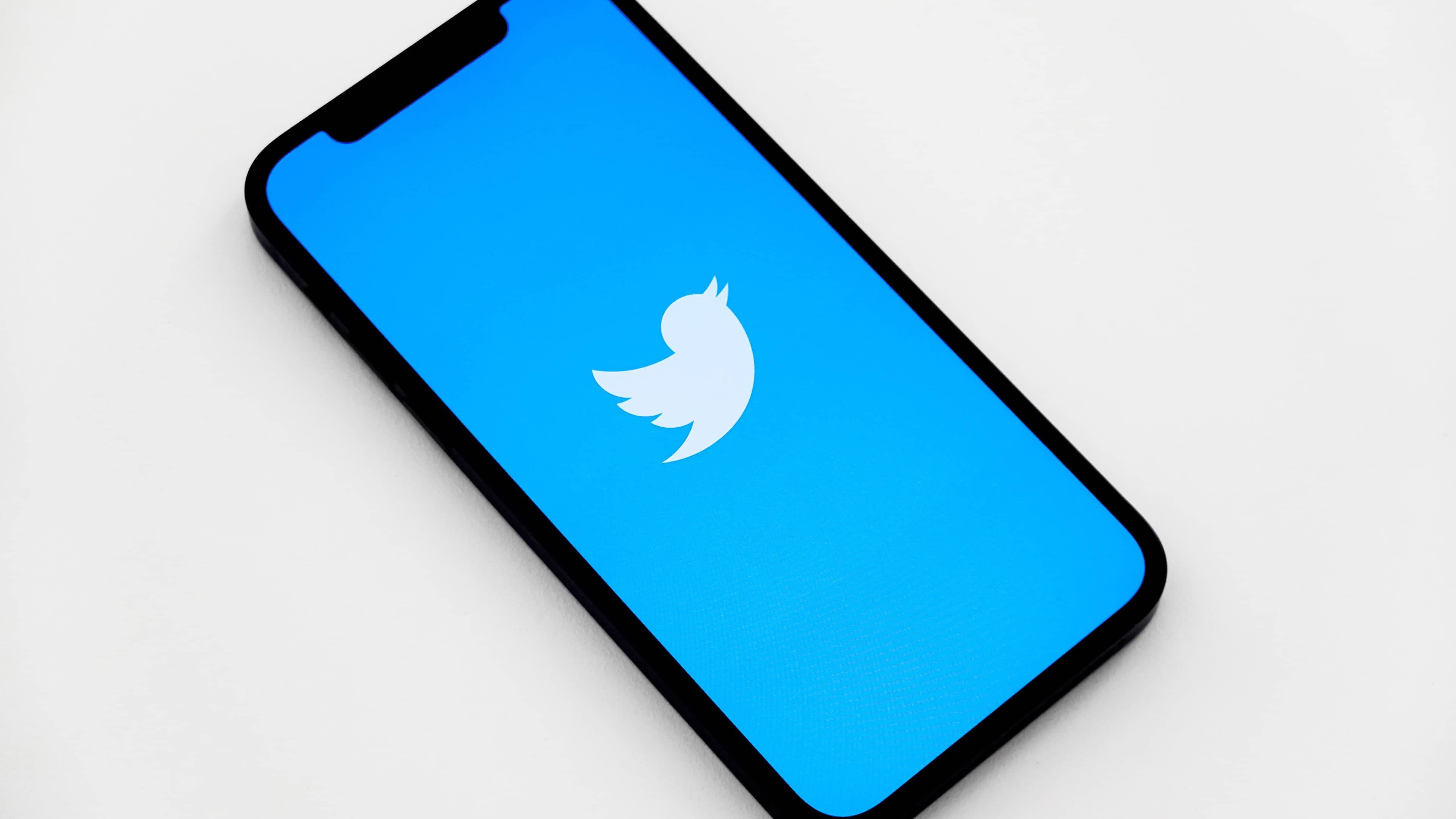 Isometric view of an iPhone showing a white Twitter bird logo on the screen, set against a sold light-blue background