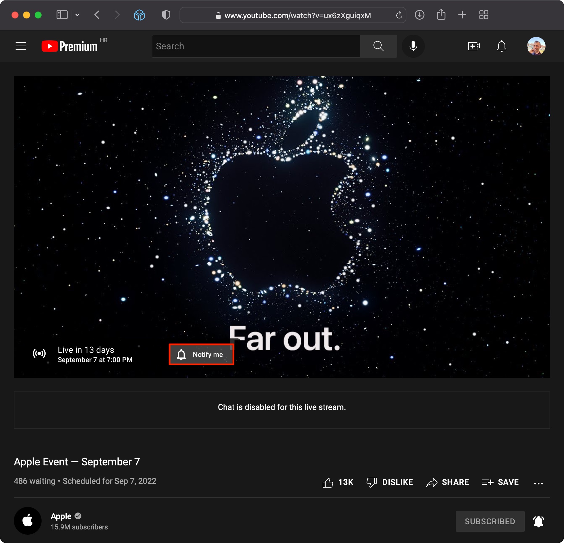 Safari screenshot showing Apple's YouTube channel with the iPhone 14 keynote placeholder with the Notify Me button highlighted