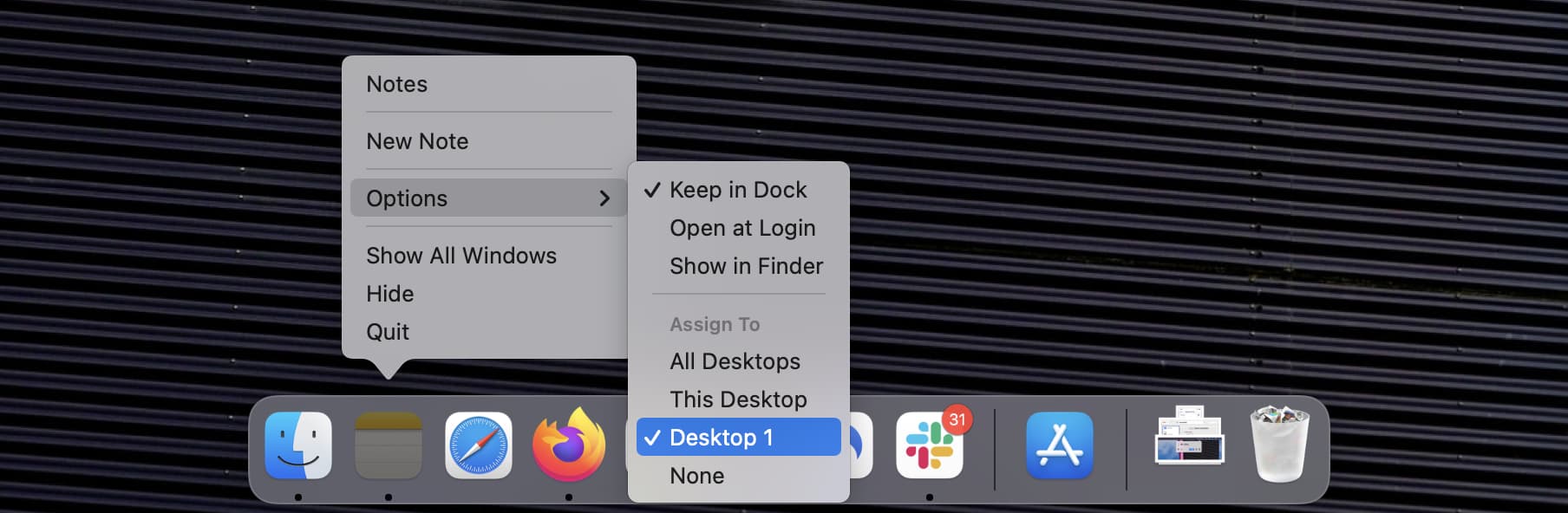 Assign To Desktop option in Mac Dock