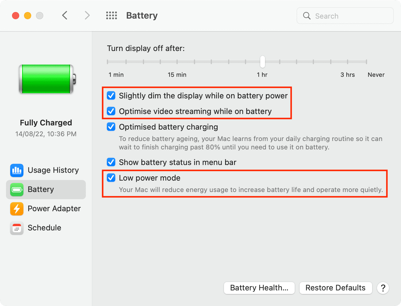 Battery settings to improve use time on MacBook