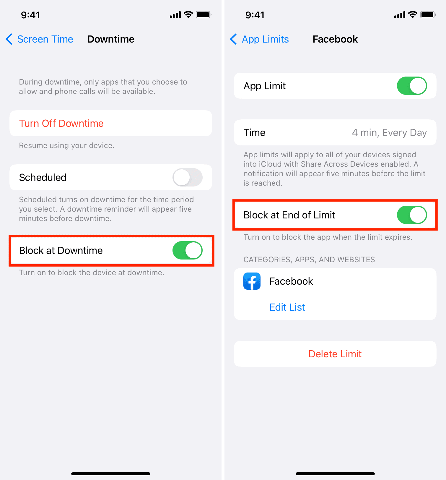 Block at End of Limit and Downtime in Screen Time settings on iPhone