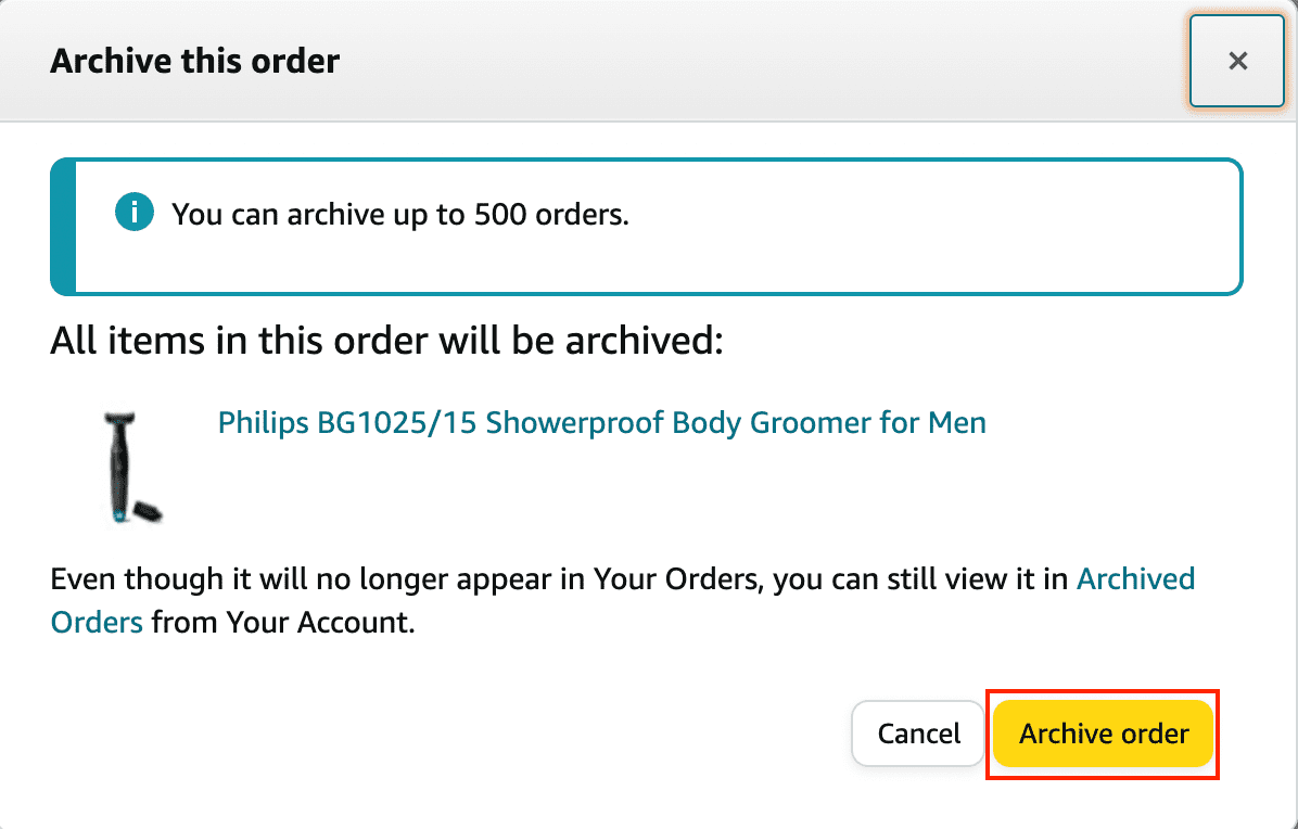 Confirm to hide order on Amazon