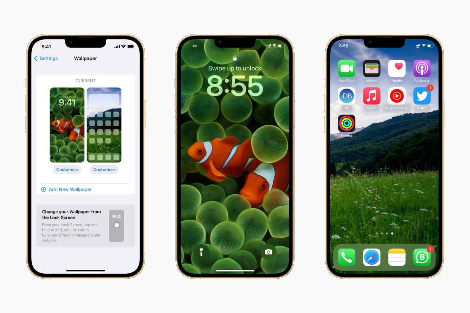 Three iPhone mockups showing how to set different wallpapers for Home Screen and Lock Screen in iOS 16