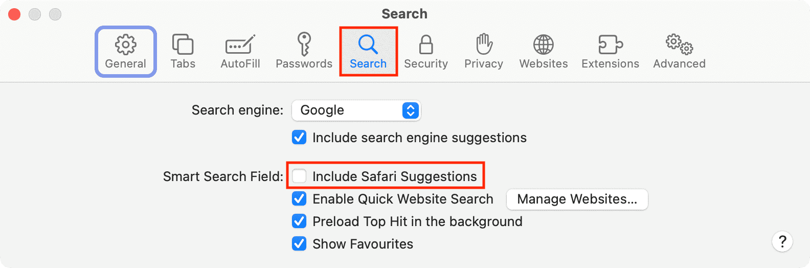 Disable Include Safari Suggestions in Mac