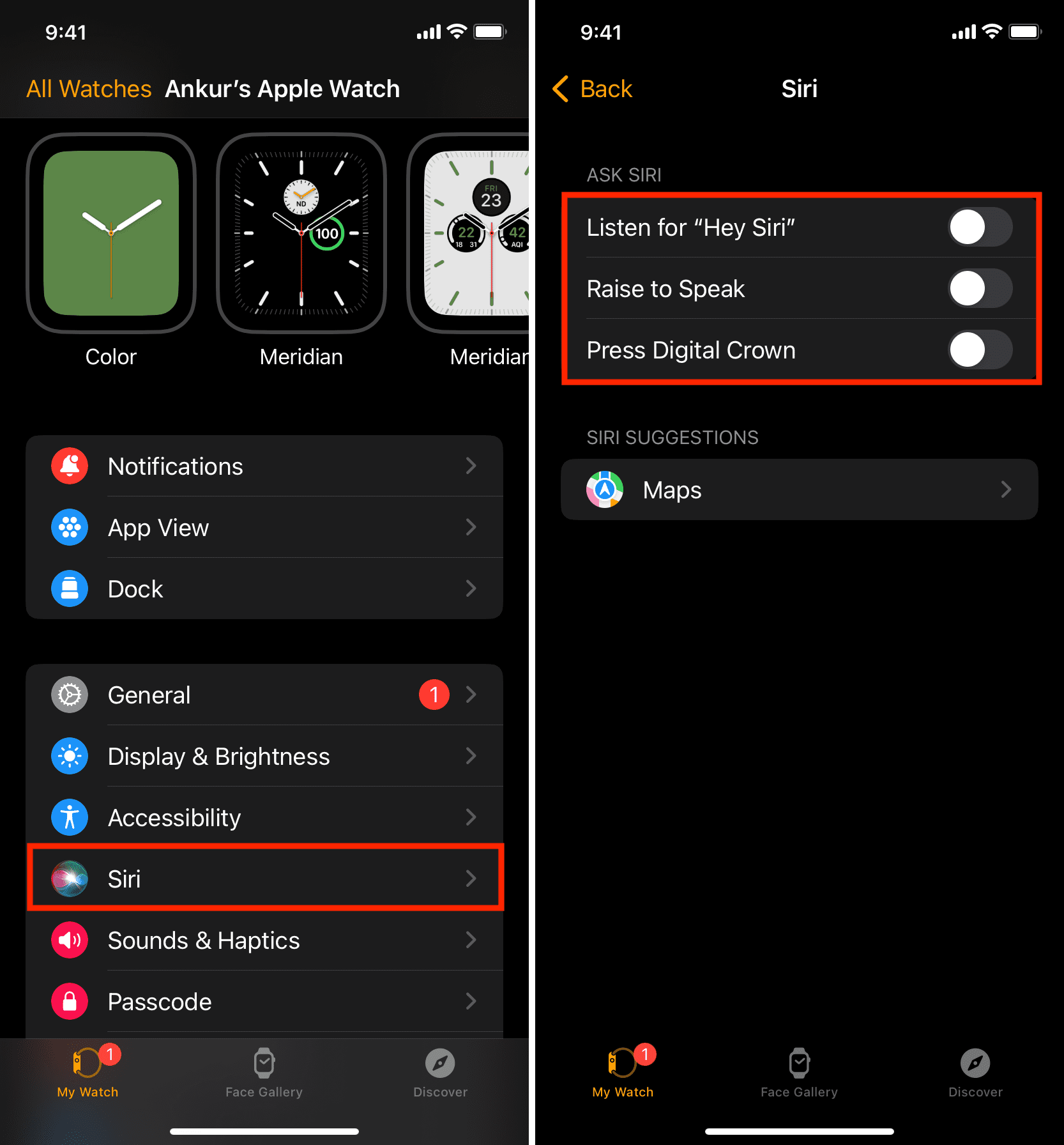 Two iPhone screenshots showing how to turn off Siri on Apple Watch from the iOS Watch app