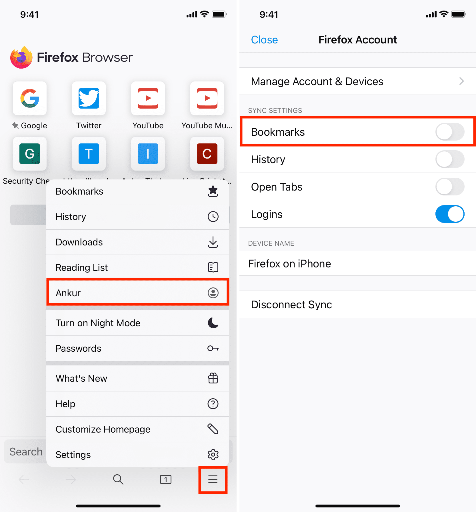 Disable bookmarks sync in Firefox on iPhone