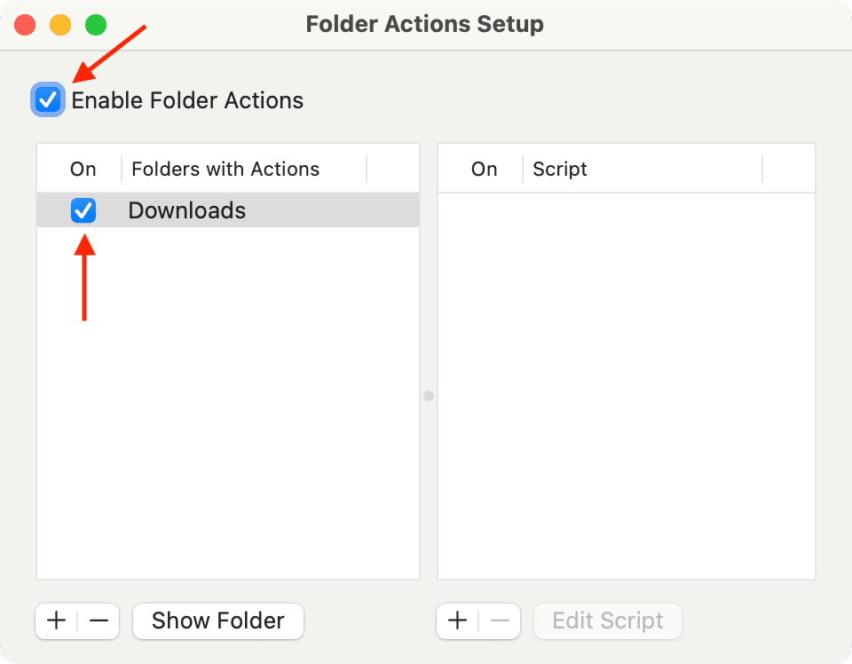 Enable Folder Actions for Downloads folder on Mac