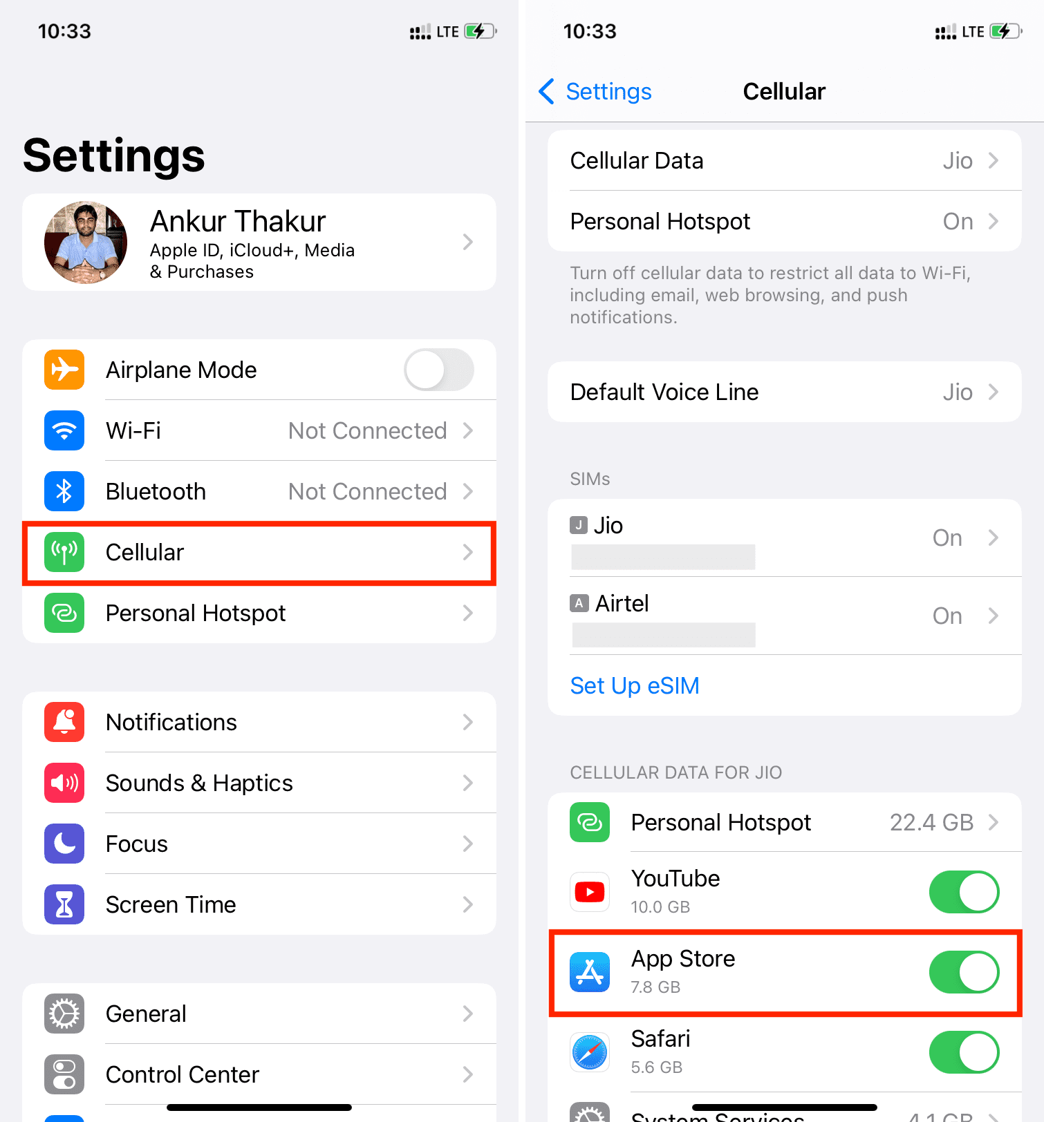 Enable cellular data for App Store on iPhone