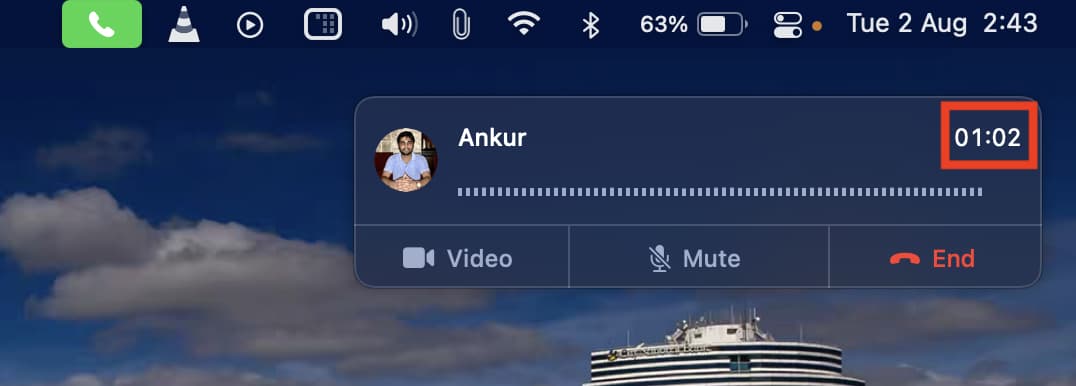 FaceTime Audio call duration on screen Mac