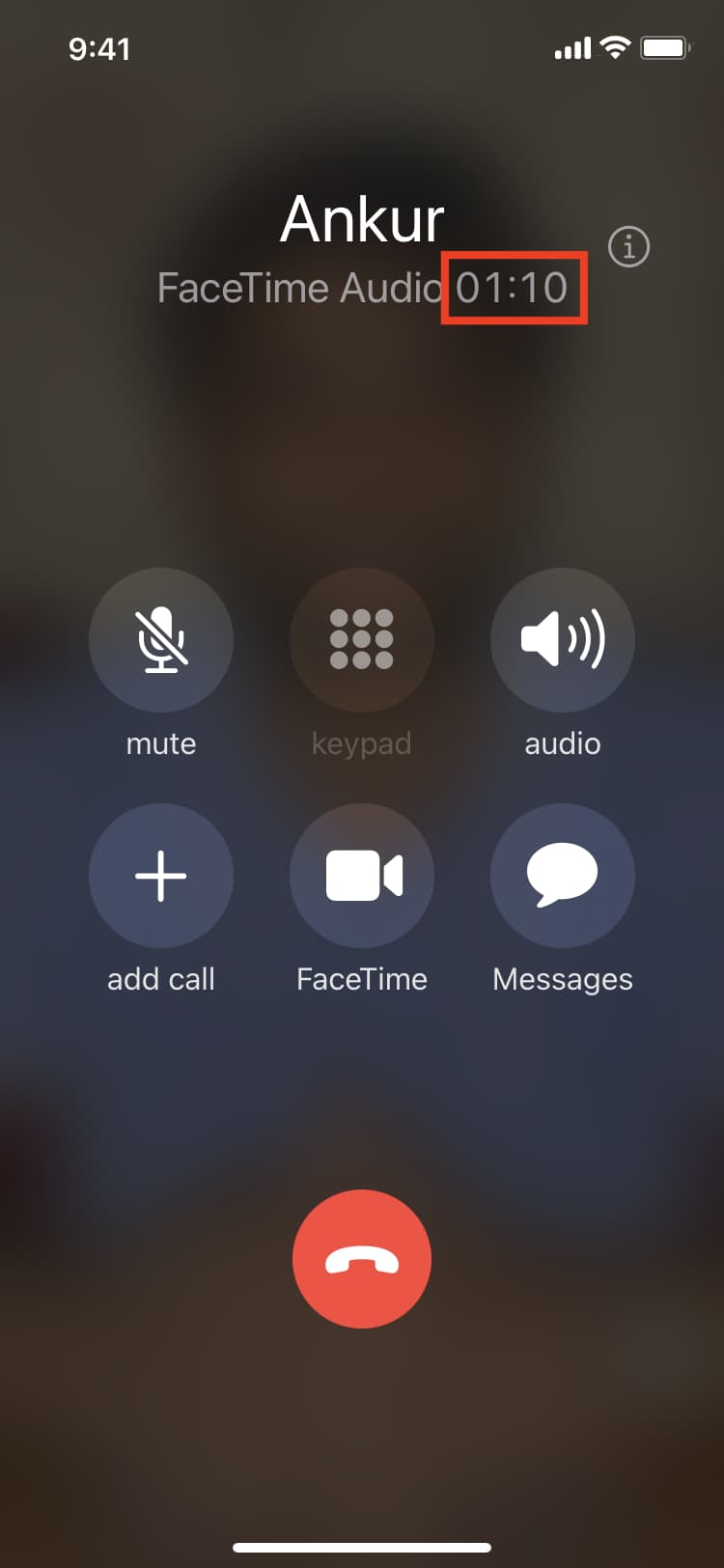 Duración de la llamada de Audio FaceTime en la pantalla del iPhone