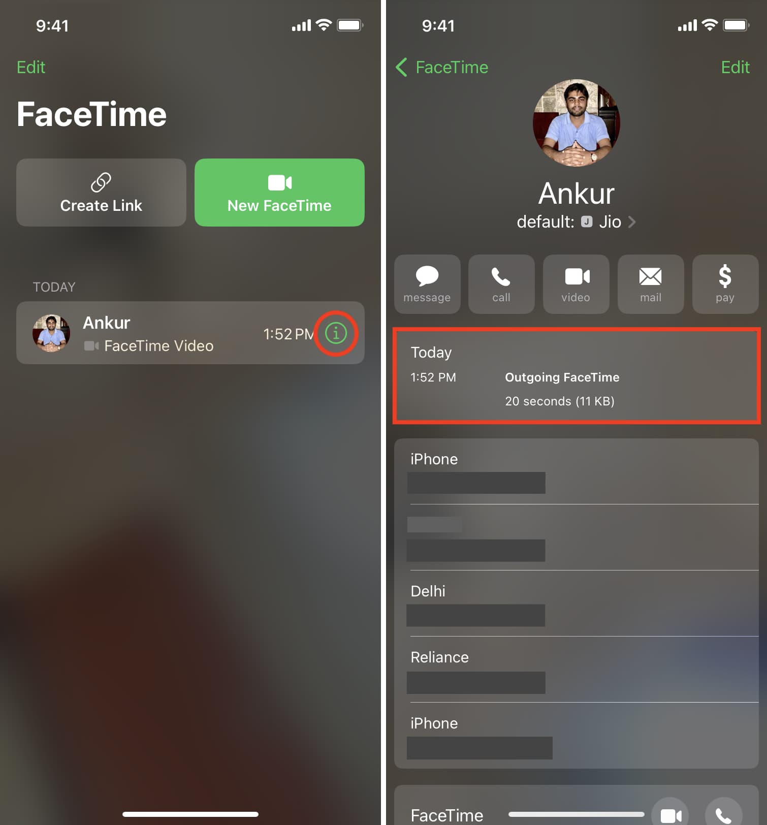 Verifique la duración de la llamada FaceTime en la aplicación FaceTime en iPhone