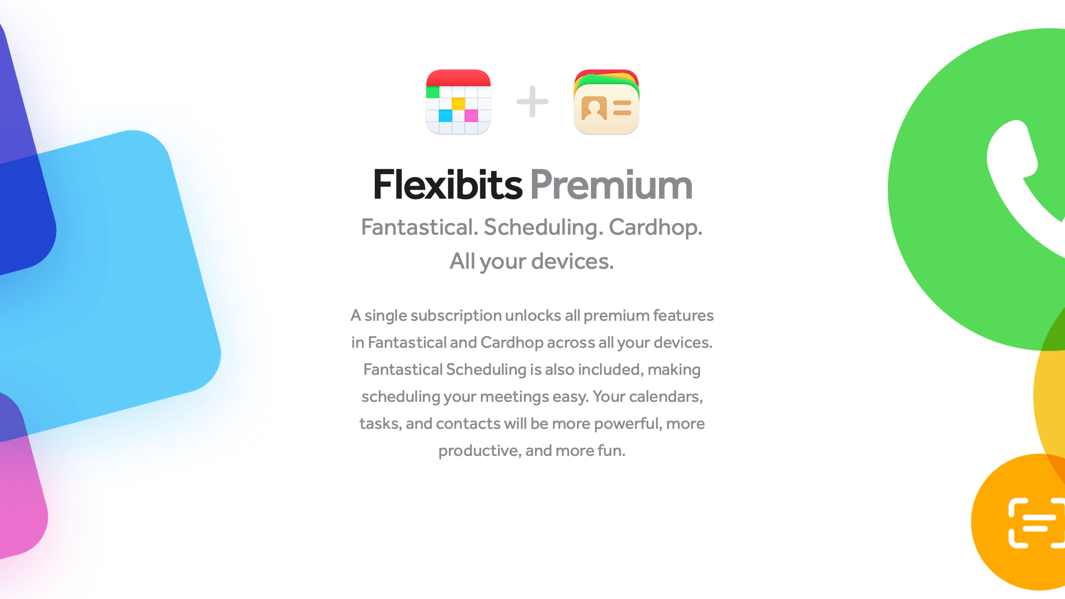Banner promoting the Flexibits Premium subscription which includes access to all features in the Fantastical and Cardhop apps across apple devices