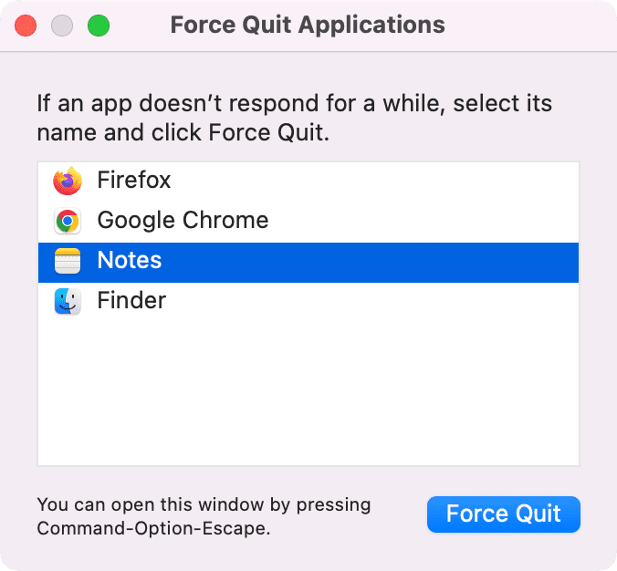 Force Quit Notes app on Mac