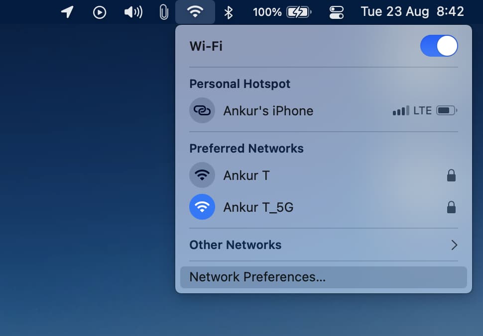 Go to Network Preferences from Mac menu bar