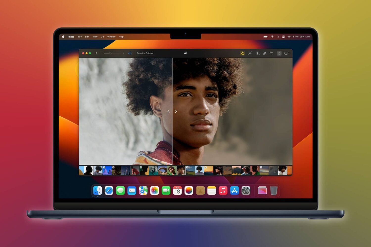 MacBook Air showcasing Pixelmator Photo for macOS, set against a colorful gradient background