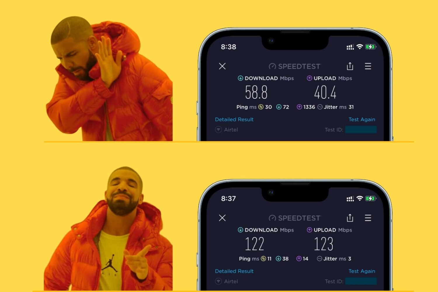 Drake's Hotline Bling meme showing preference for faster Wi-Fi on iPhone