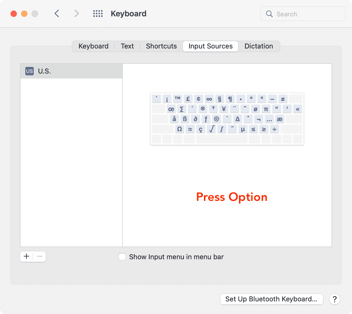 Press Option in Keyboard Input Sources settings on Mac to see special symbols like copyright, trademark, and registered