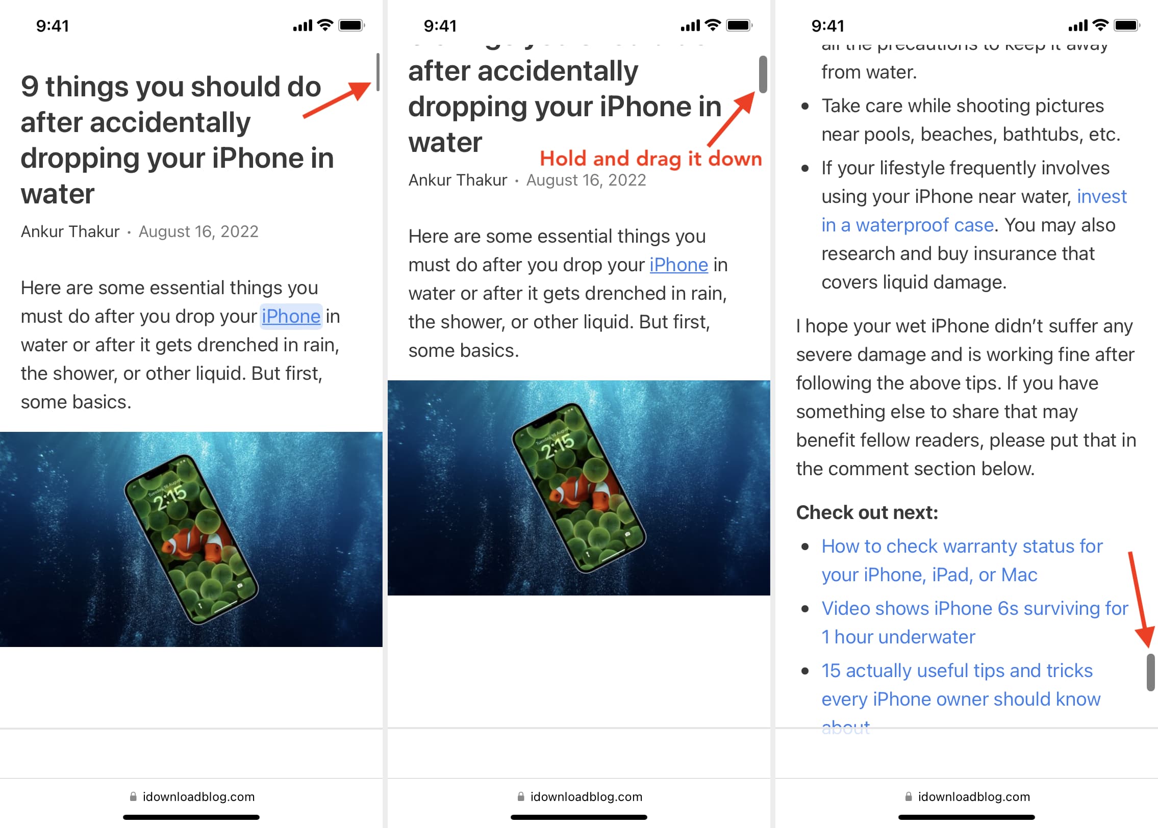 Quickly scroll down a webpage, document, or screen on iPhone
